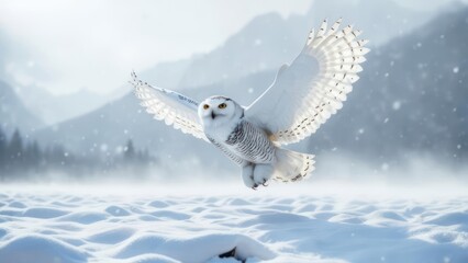 Snowy owl in flight over a snowy landscape
