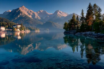 A mountain lake landscape with clear reflections, showcasing nature's tranquility and scenic beauty.