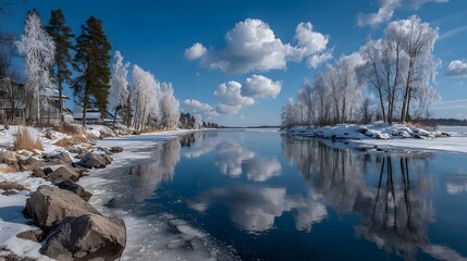 A winter landscape with a frozen lake, showcasing nature's seasonal beauty and tranquil reflection.