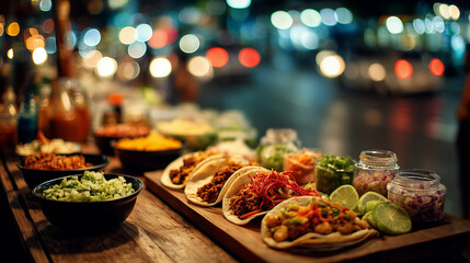 Colorful fusion street food stand at night market serving Korean-Mexican tacos, vibrant cinematic look. Street food serving fusion tacos with Korean and Mexican elements, night market.