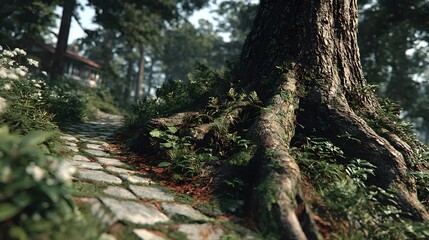 A forest path with tree roots, highlighting nature's tranquility, growth, and scenic detail.