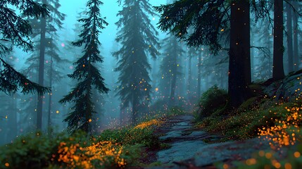 A misty forest path with glowing elements, emphasizing nature's wonder, artistry, and ethereal atmosphere.