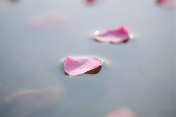 Pink flower petals floating on water, emphasizing nature's beauty, transience, and tranquility.