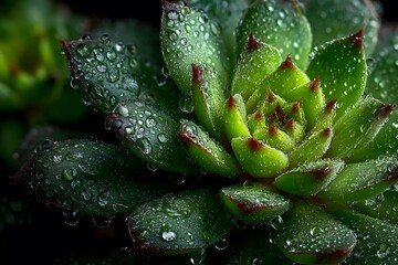 A succulent with water droplets, emphasizing nature's detail, freshness, and botanical beauty.