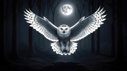 Snowy owl in flight, dark forest