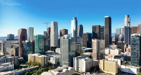 Aerial drone view of downtown Los Angeles. American dream LA cityscape. Iconic urban view of America. California LA city skyline. Modern metropolis in USA. LA dream city. LA skyscrapers from top.