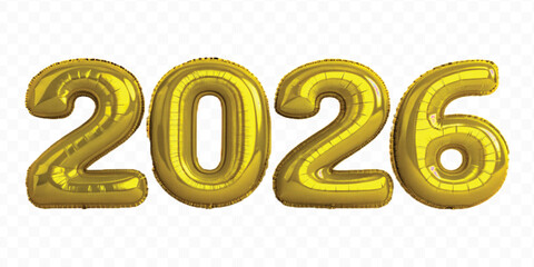 realistic 3d 2026 typography made by with different color foil balloons isolated on transparent background