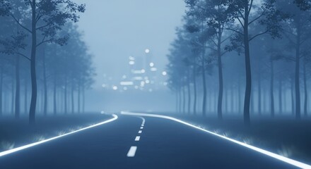 A foggy morning road surrounded by trees with soft natural blur and muted tones, evoking calm and mystery.