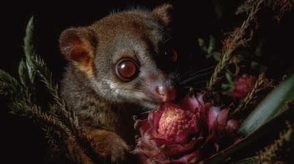 Obraz premium Nocturnal lemur exploring flower in tropical forest