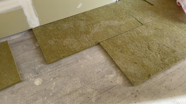 A worker layering acustic boards on a wooden slab. Process of installing thermal insulation layer on the floor. Mineral wool panel insulation.