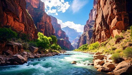 Grand canyon scene with rushing river, greenery, red rocks, blue sky, and clouds. Soft focus