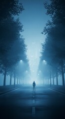 A foggy morning road surrounded by trees with soft natural blur and muted tones, evoking calm and mystery.