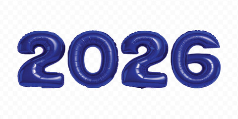 realistic 3d 2026 typography made by with different color foil balloons isolated on transparent background