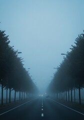 A foggy morning road surrounded by trees with soft natural blur and muted tones, evoking calm and mystery.