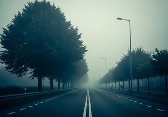 A foggy morning road surrounded by trees with soft natural blur and muted tones, evoking calm and mystery.