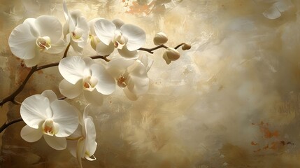 white orchid flowers on Vintage brown background with copy space for text, minimal, delicate, wallpaper banner