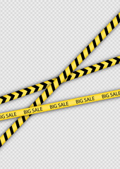 Big Sale template with crossing realistic tapes. Discount promo ribbon. Black Friday, discount yellow tape. Banner with border for sale. Vector illustration.