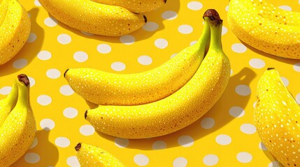 Bright yellow bananas on polka dot backdrop, vibrant & playful