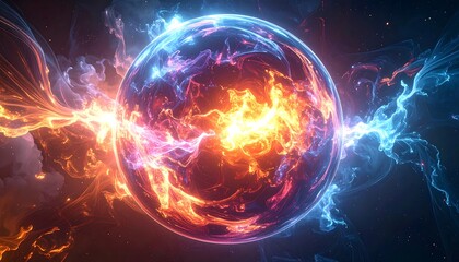Fototapeta premium Glowing sphere with fiery core and blue tendrils in a nebulous space-like environment