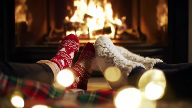 Low-angle video dollying in on two pairs of feet in festive socks by a roaring fireplace under a plaid blanket, golden lights bokeh. Cozy winter evening atmosphere