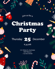 Christmas party invitation template. New Year illustration in flat doodle style. Celebration concept for banner, poster or card. Cute colorful composition on dark background