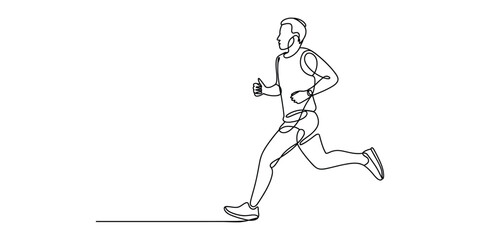Continuous line art illustration of a running man, fitness focus