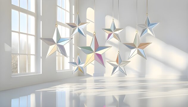 Metallic star sculptures hanging in bright room — modern festive design interior
