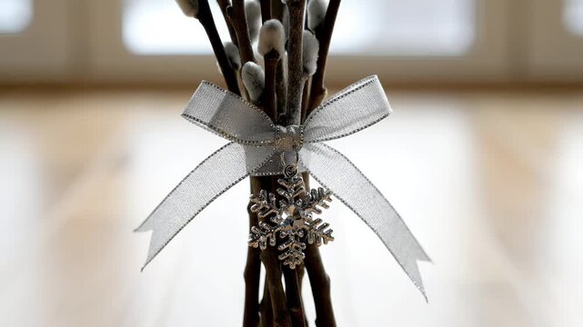 Elegant close-up of pussy willow branches adorned with a sparkling silver ribbon bow and delicate snowflake ornament perfect for winter holiday and festive d�cor