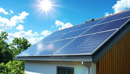 Naklejka premium Transform Your Roof into a Renewable Energy Source: Harnessing Solar Technology and Green Panels for a Sustainable Future with Abundant Sunlight