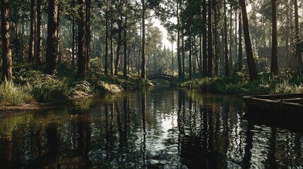 Obraz premium Serene forest waterway with bridge reflection