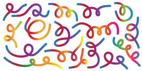 Color Line Shapes with Gradient. Abstract Wavy Pattern on White Background. 3D Rainbow Color Waves Graphic. Dynamic Squiggles, Swirls and Spiral.Colorful Squiggle Wave Shapes Vector Background