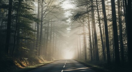 A foggy morning road surrounded by trees with soft natural blur and muted tones, evoking calm and mystery.