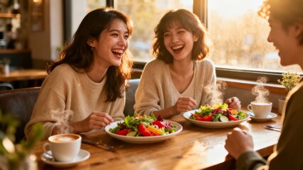 Sharing Joy and Laughter Over a Delightful Meal with Friends under the Sunlight at Our Favorite Cafe