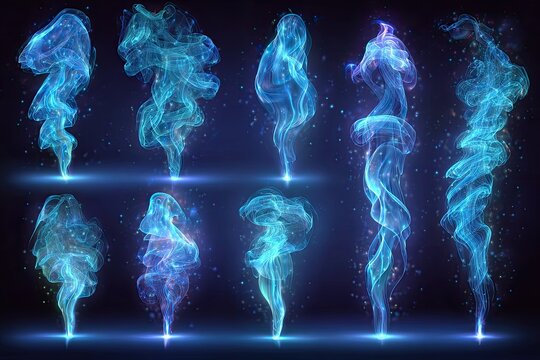Mystical blue smoke plumes rise, glittery particles swirl