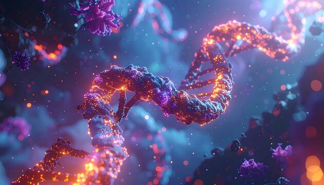 Glowing DNA helix against a dreamy blue background with floating particles and pink floral-like structures