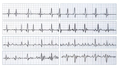 Grid showcases varying ECG readings, displaying heart activity through spiky waveforms on graph paper