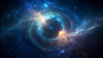 Bright fantasy planet with sun in deep blue outer space filled with stars and nebula