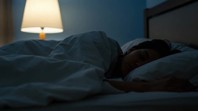Woman sleeping in bed with warm lamp light at night - Powered by Adobe