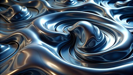 Abstract blue fractal spiral with metallic fluid waves and flowing liquid textures
