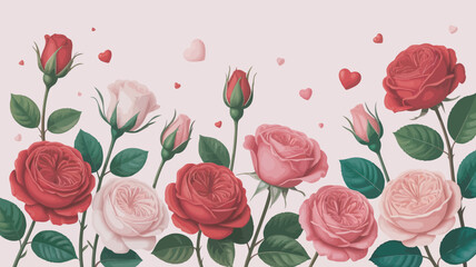 Elegant romantic background with delicate blooming roses and falling petals perfect for wedding invitations and floral designs