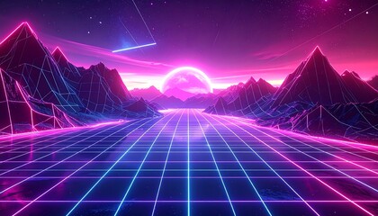 Glowing grid lines lead to a stylized moon over mountains, bathed in neon pink and blue hues, dreamlike landscape