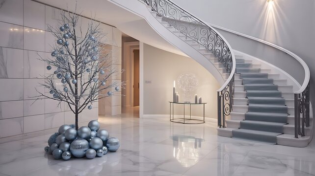 Elegant christmas interior with silver tree, ornaments, and spiral staircase