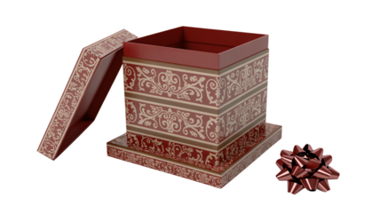 Elegant ornate opened gift box with decorative pattern and metallic bow, ready for special occasion surprises