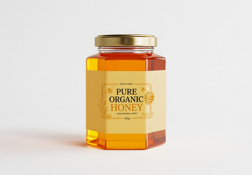 Hexagon Glass Honey Jar Packaging Mockup with Label