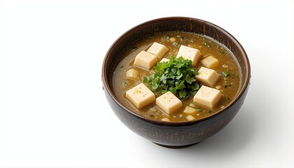 Bowl of Japanese miso soup with tofu cubes and seaweed, isolated on white background
