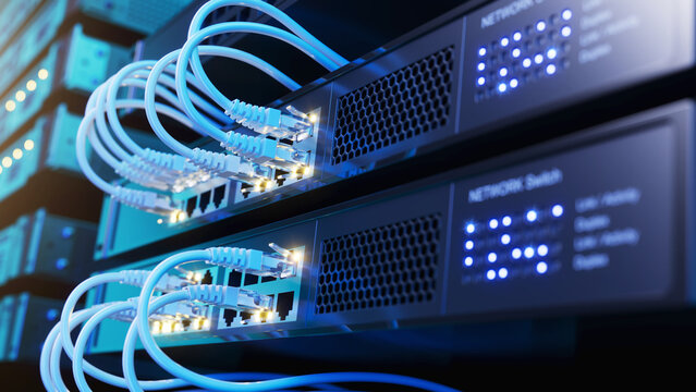 Network switch and network cables in modern server room data center