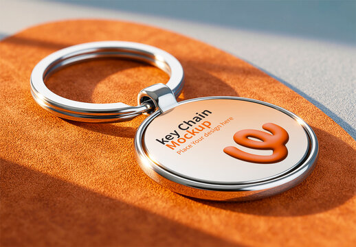 Metal Keychain Mockup on Orange Suede or Leather Surface