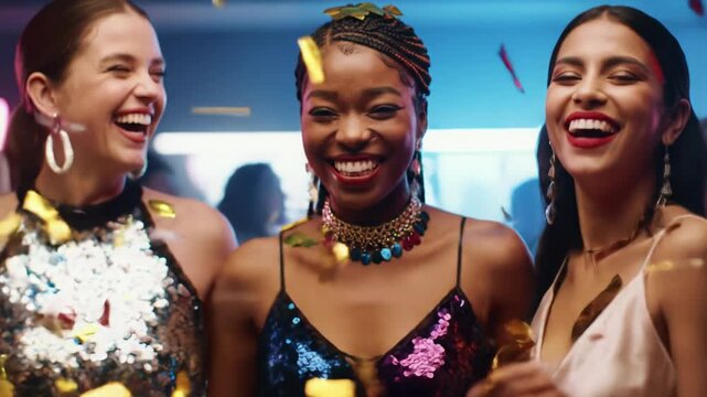 Dynamic mcu video of diverse young women in shimmering party wear, laughing, dancing exuberantly as metallic confetti falls in a high-energy nightclub with soft bokeh background. Pure festive energy