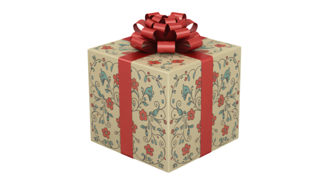 Elegant floral patterned gift box adorned with a vibrant red ribbon and bow, perfect for any special occasion celebration