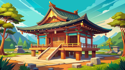 Naklejka premium Very beautiful local rural Japanese wooden temple with traditional architecture, featuring natural timber beams, curved rooflines, and serene countryside surroundings in a realistic peaceful scene.